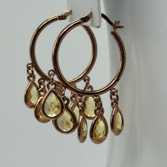 Lane Bryant Rose Gold Tone Hoop Statement Earrings with Yellow Crystal Dangles - Picture 2 of 6